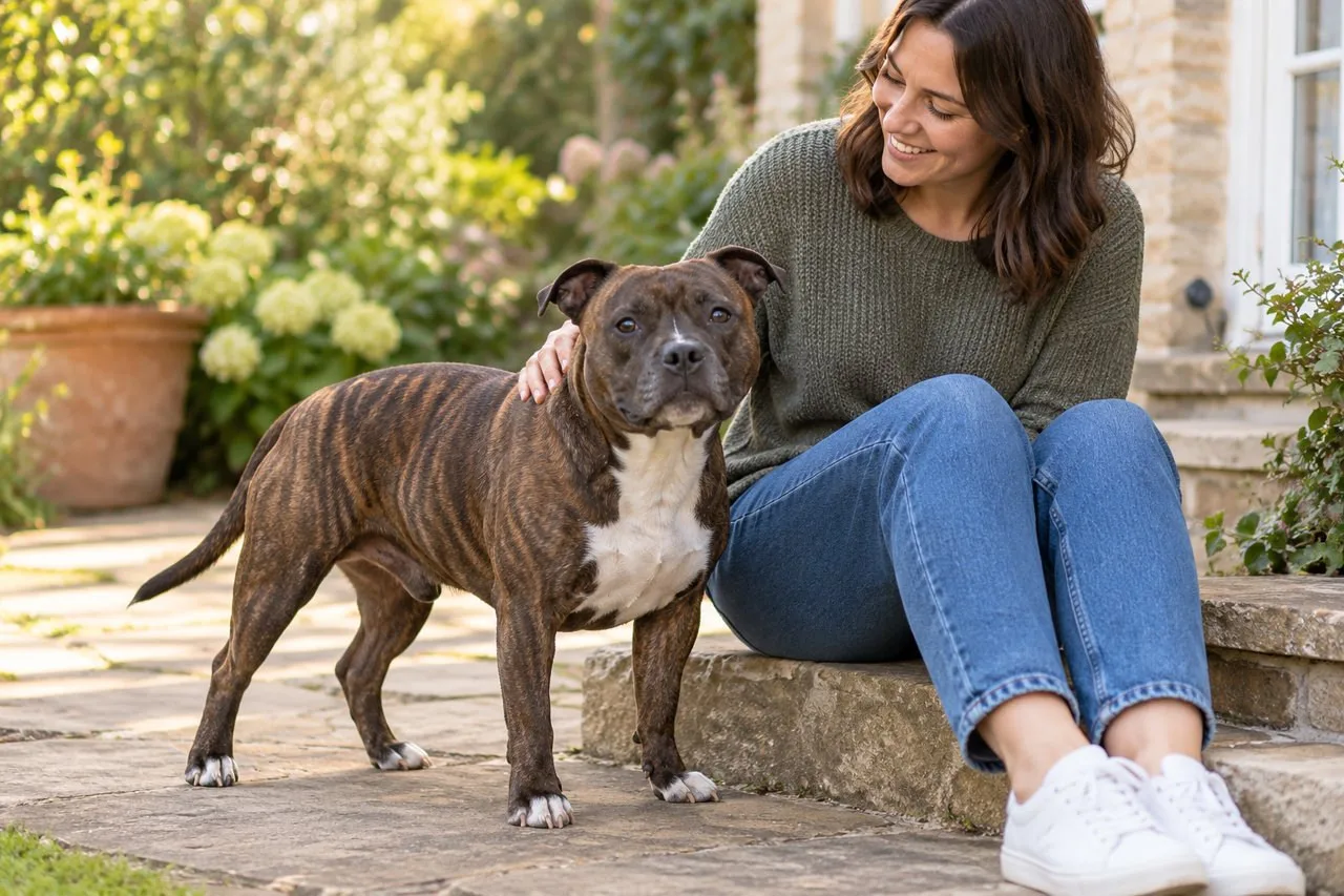 Owner sitting beside a dark-coated dog outdoors